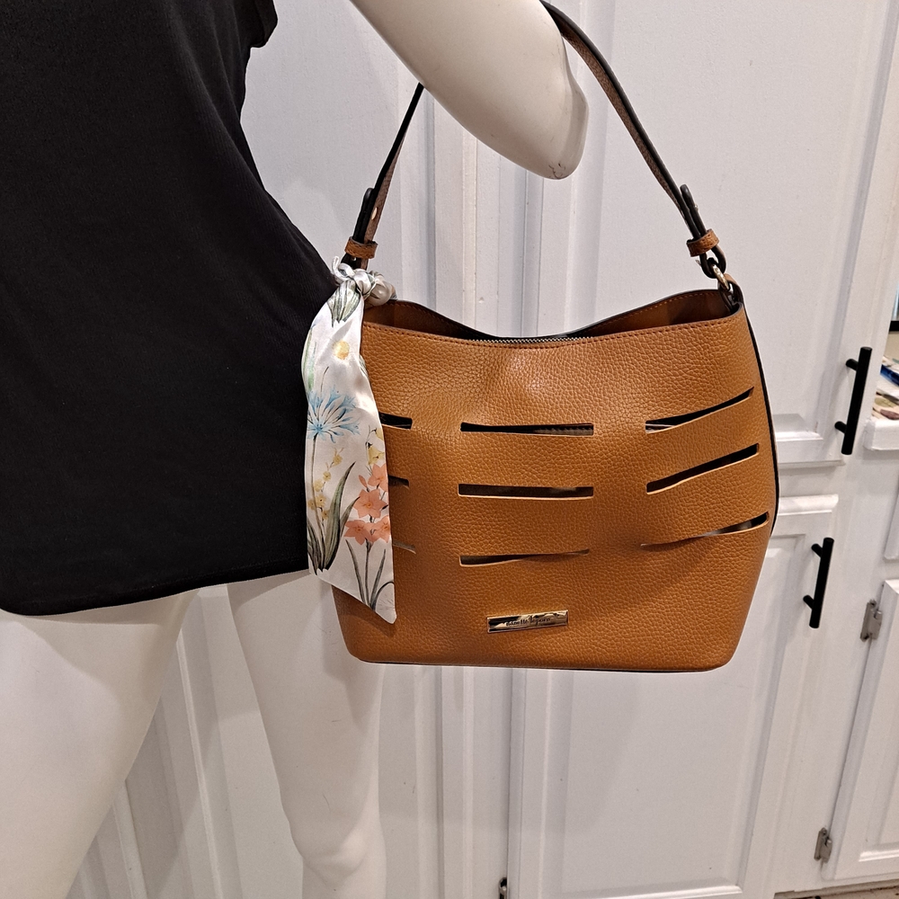 Nanette Lepore Tan Shoulder Bag with Floral Scarf And Unique Cutout Design